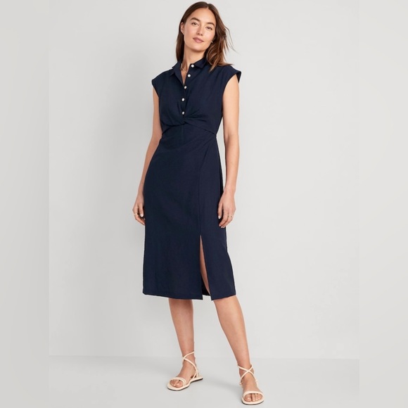 NWT! Navy Blue Waist-Defined Twist-Front Midi Shirt Dress - TALL SIZES - Picture 2 of 8